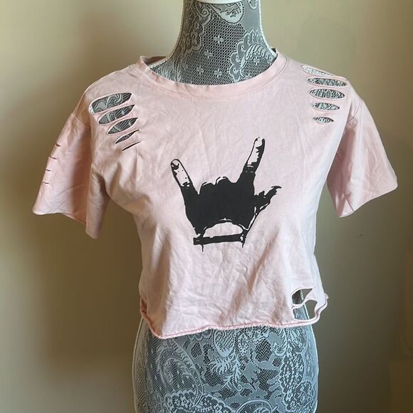 Pink Crewneck Rock On Graphic Destroyed Crop Tee Size Small - Picture 2 of 5